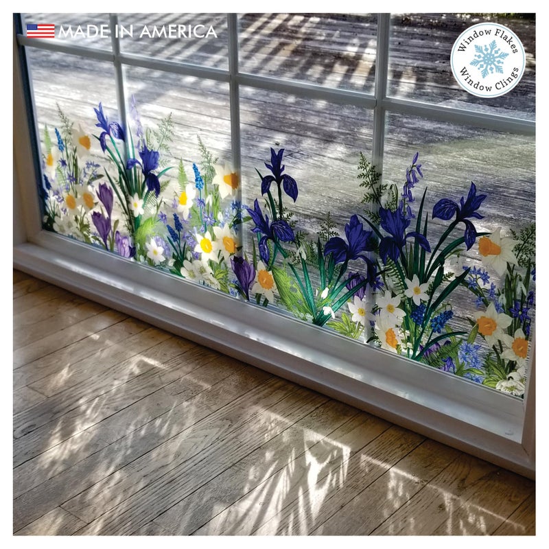 Window Flakes ملصق نافذة زهور الربيع النباتية. زعفران، سرخس، نرجس، زهور الثلج. ديكور منزلي للزجاج. ملصق فينيل ربيعي. صنع في أمريكا. - Image 1